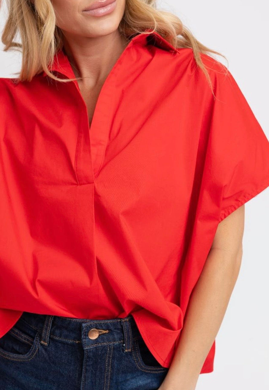 Karlie Red V Neck Poplin Top