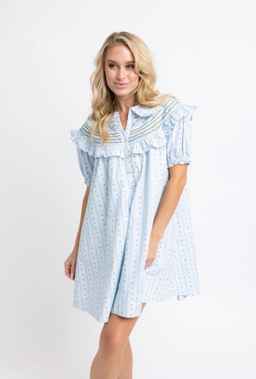 Karlie Blue Floral Stripe Peter pan Stitch Dress