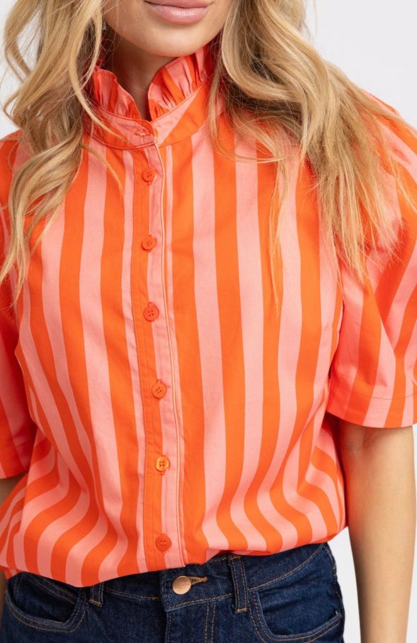 Karlie Stripe Button Up Ruffle Neck Top Coral