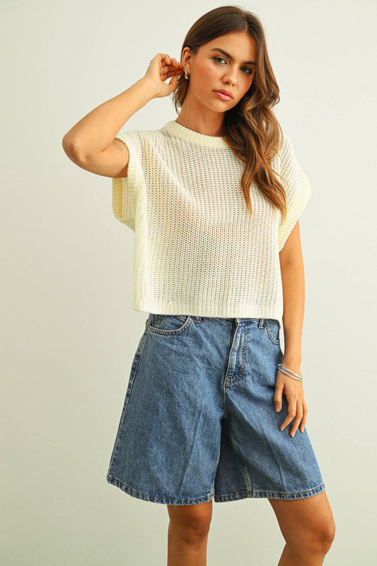 MIOU MUSE - T3332   DOLMAN SLEEVE KNITTED TOP: OFF WHITE