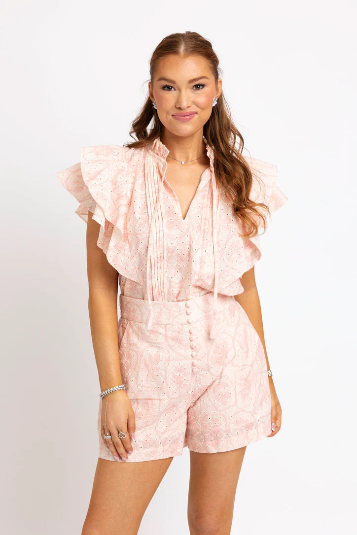 Karlie Pink Eyelit Button Puff Sleeve and Short Set