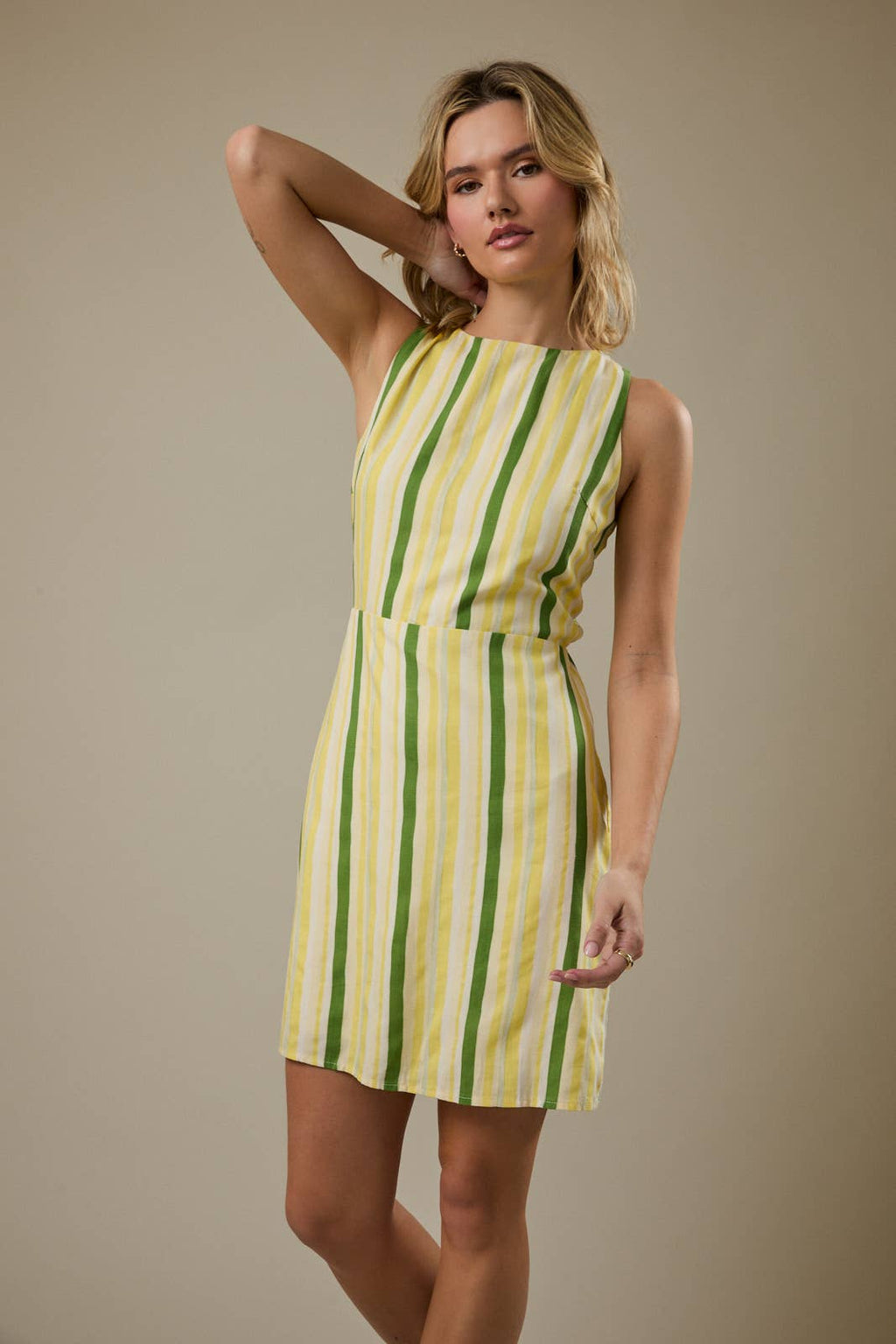 Sunday Edition - BOAT NECK SLEEVELESS BACK TIE STRIPE MINI DRESS: CREAM-LEMON