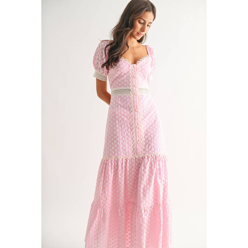 Camellia - PINK LACE-TRIMMED MAXI DRESS: LIGHT PINK/IVORY