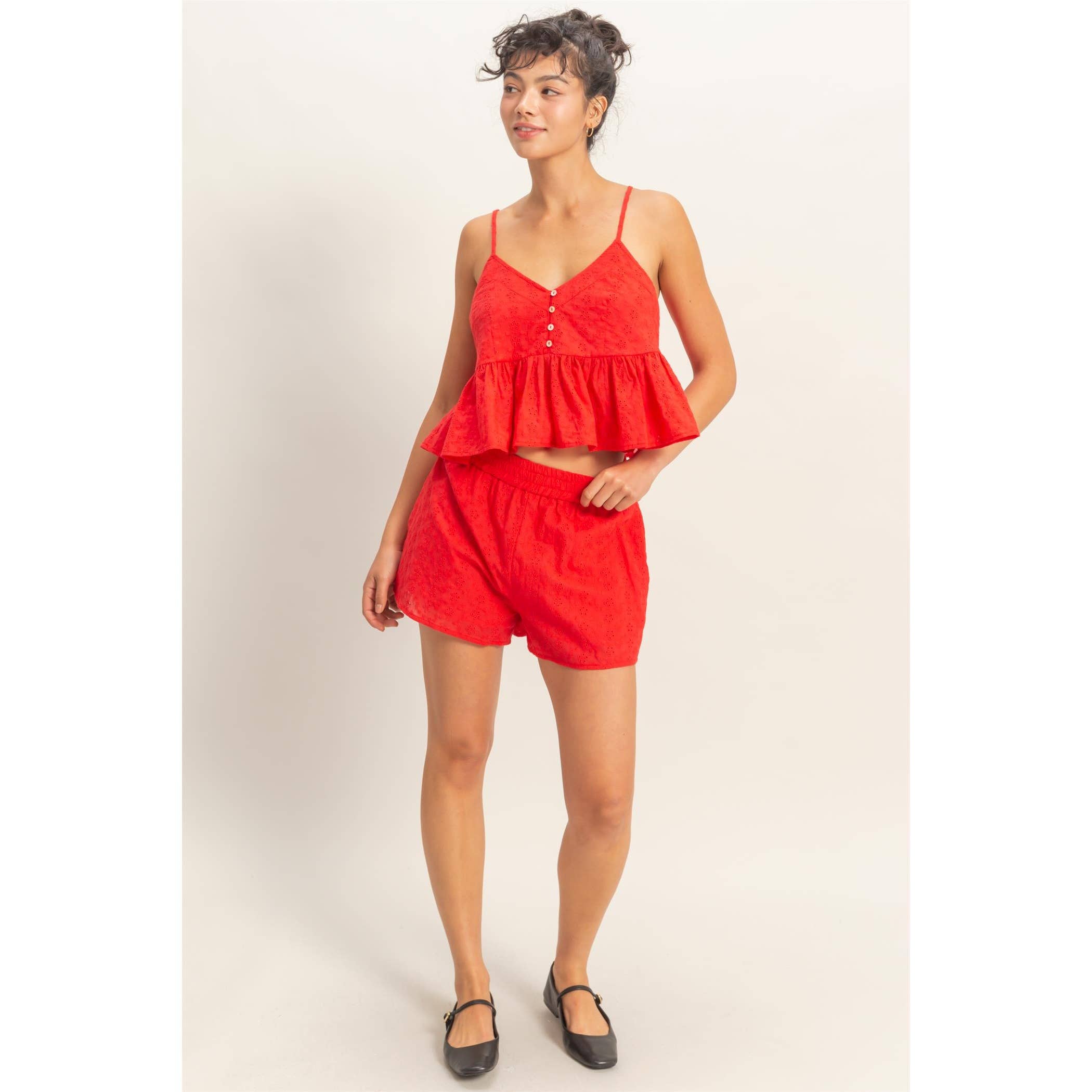 Double Zero - Eyelet Button Detail Peplum Top: RED