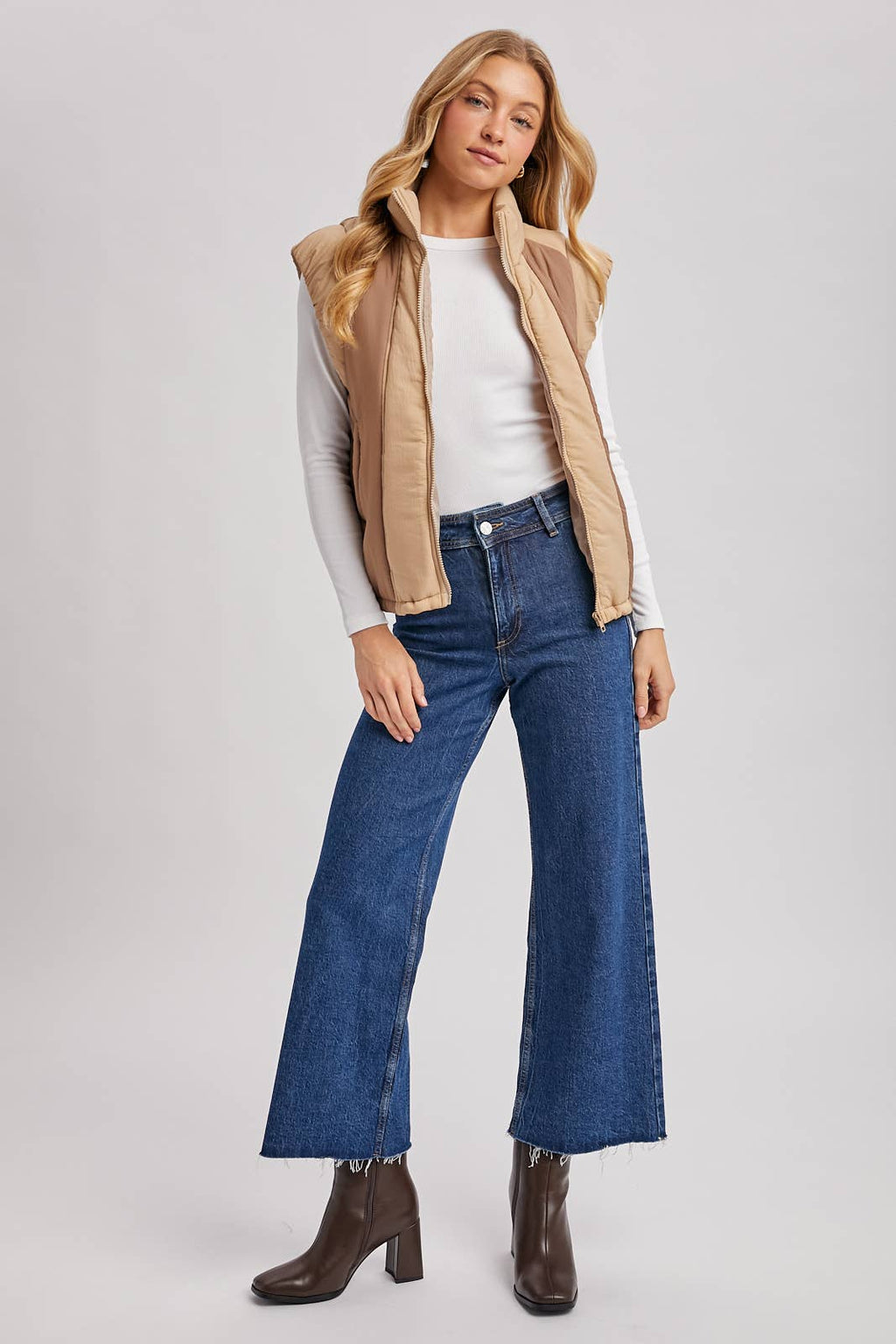 Bluivy - CONTRAST PUFFER ZIPPER DOWN VEST: LATTE COMBO / M