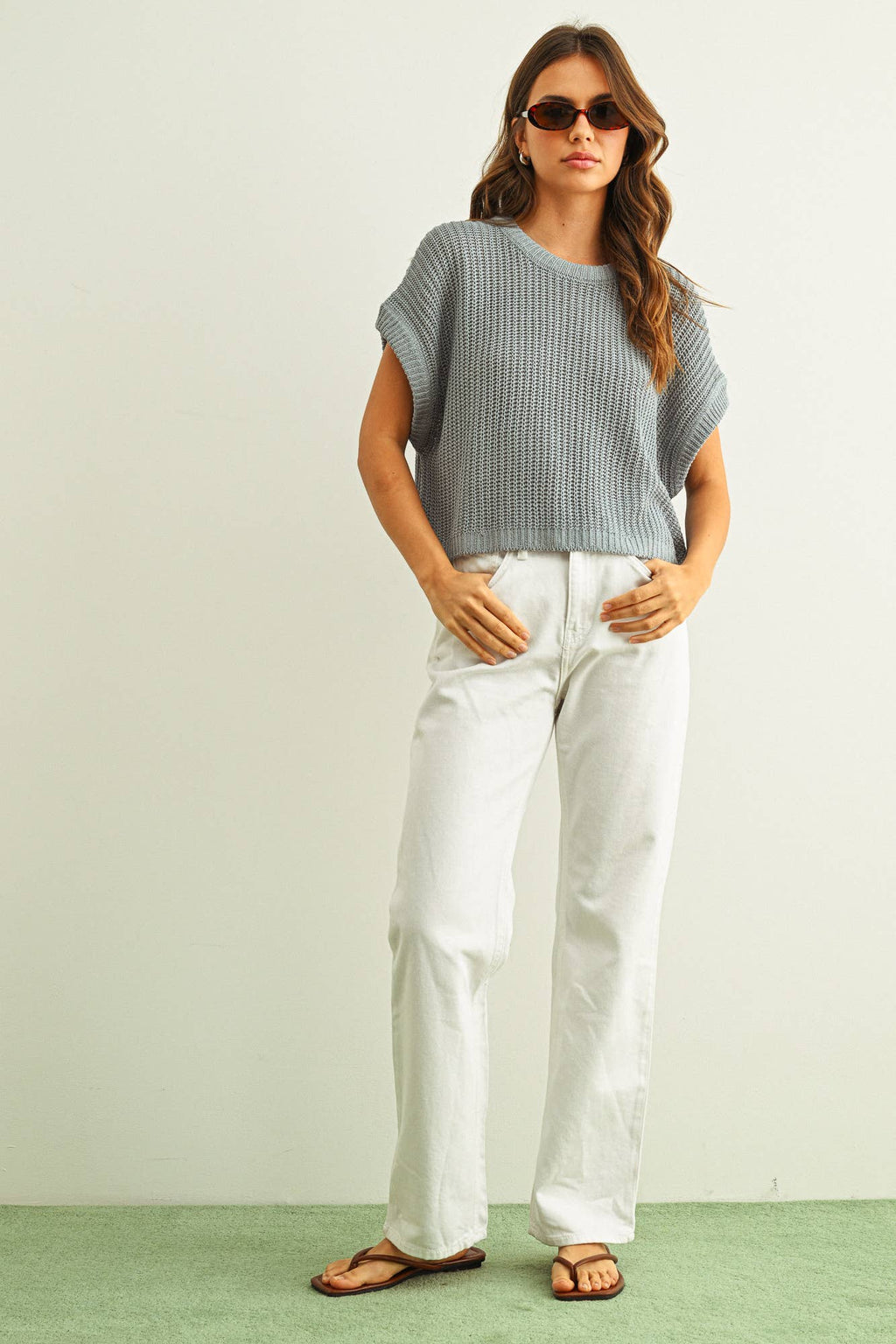 MIOU MUSE - T3332   DOLMAN SLEEVE KNITTED TOP: OFF WHITE
