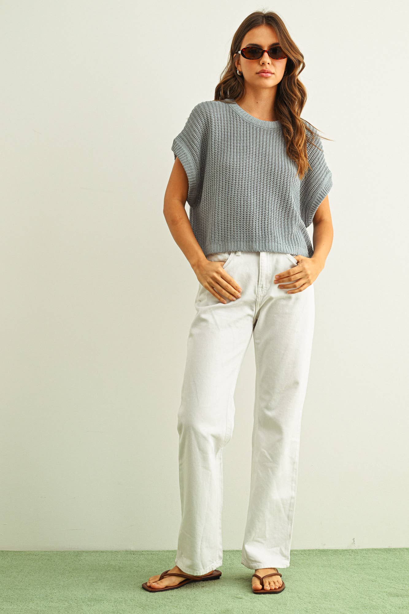 MIOU MUSE - T3332   DOLMAN SLEEVE KNITTED TOP: OFF WHITE
