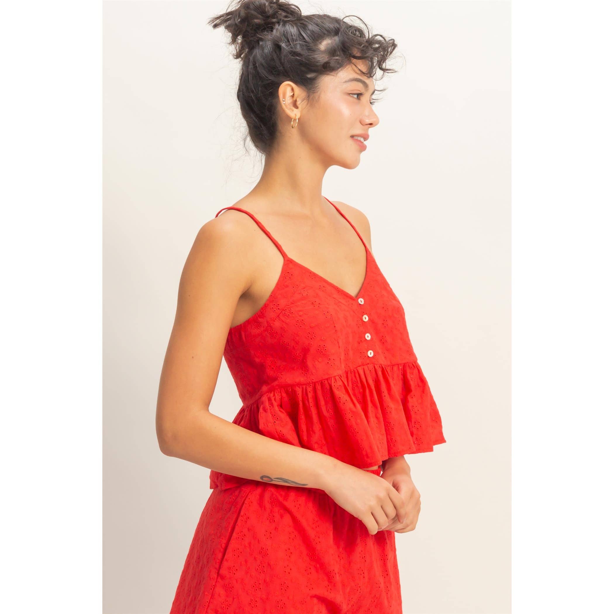 Double Zero - Eyelet Button Detail Peplum Top: RED