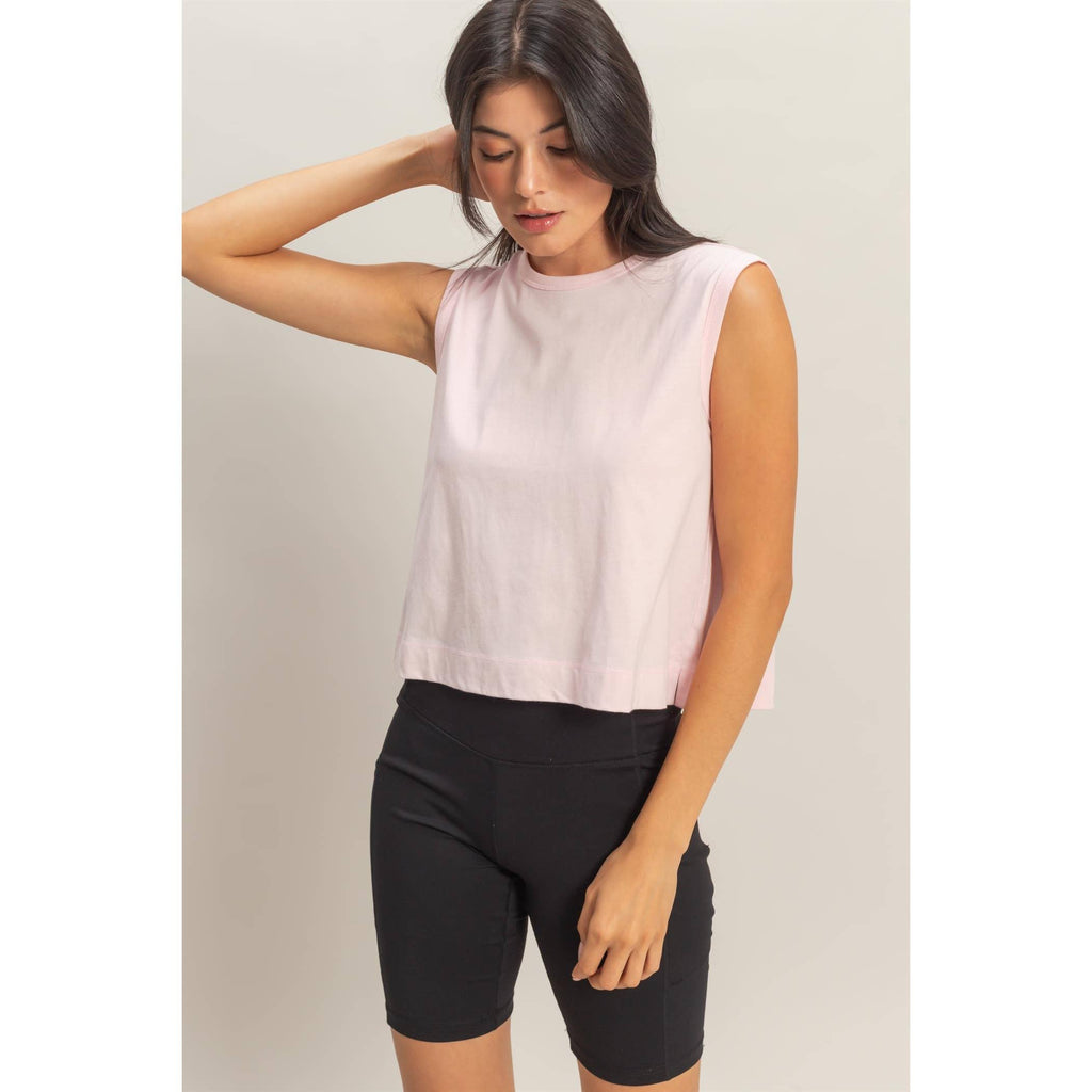 Double Zero - Sleeveless Crew Neck Top With Back Pleats: BLUE