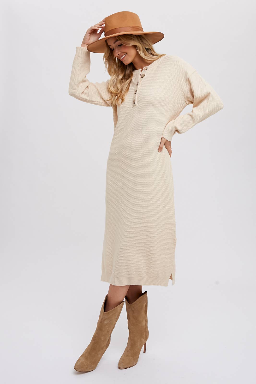 Bluivy - BUTTON FRONT MIDI SWEATER DRESS: FOREST / M