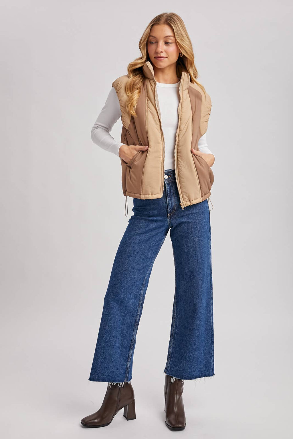 Bluivy - CONTRAST PUFFER ZIPPER DOWN VEST: LATTE COMBO / M