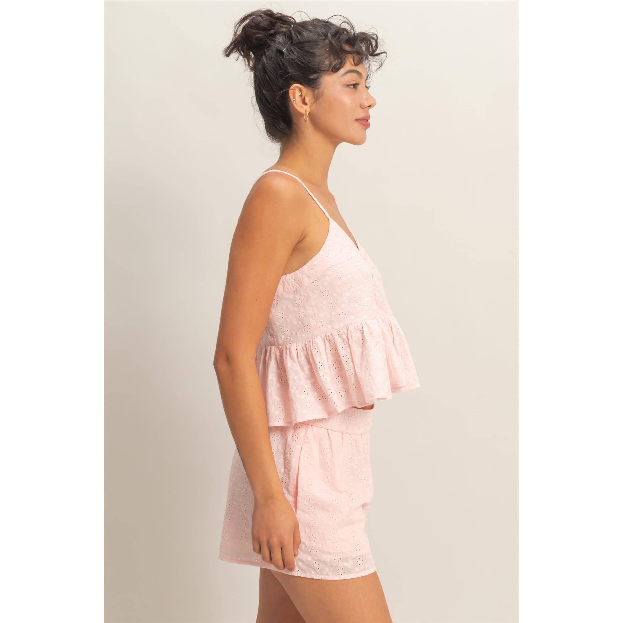 Double Zero - Eyelet Button Detail Peplum Top: RED