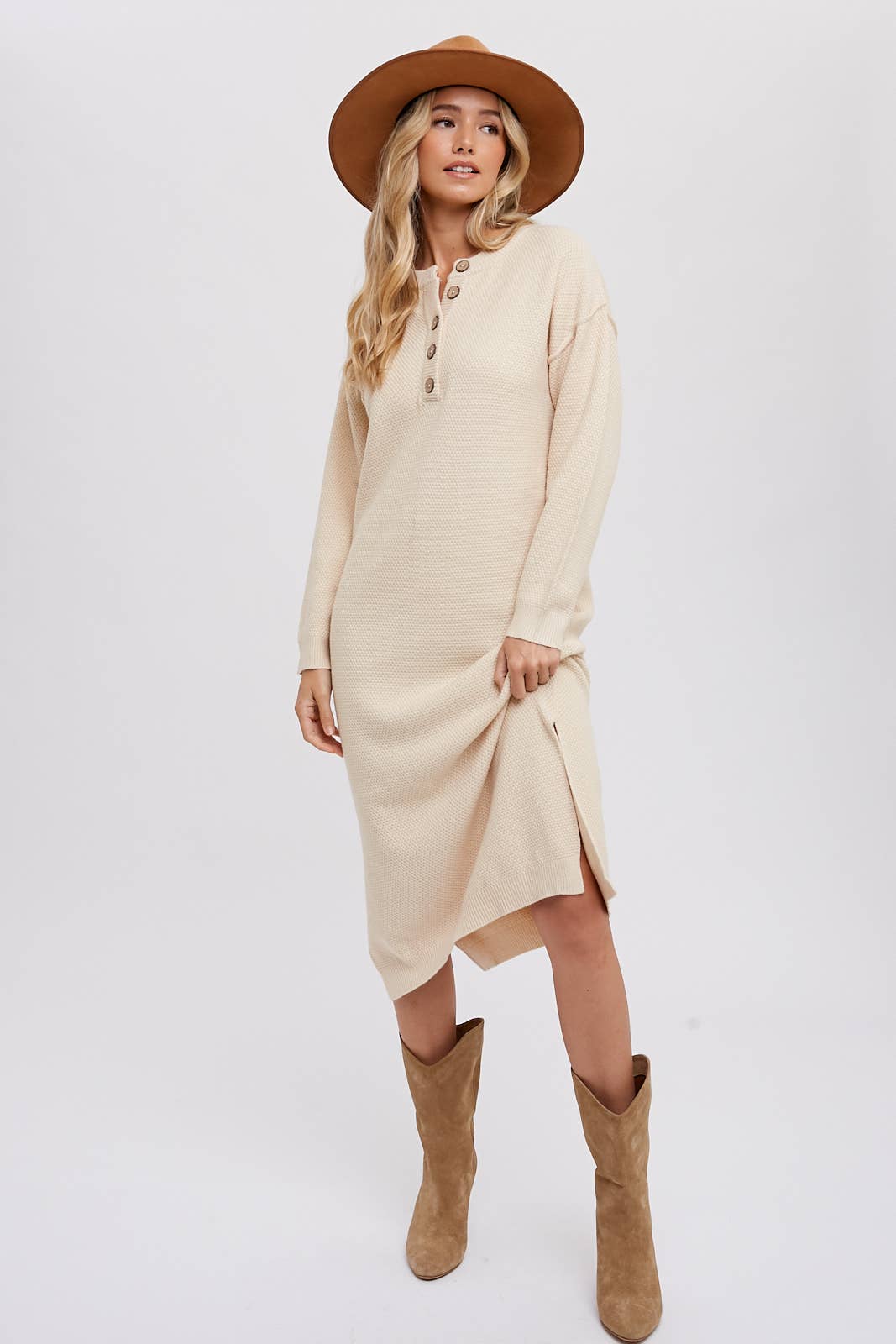 Bluivy - BUTTON FRONT MIDI SWEATER DRESS: FOREST / M