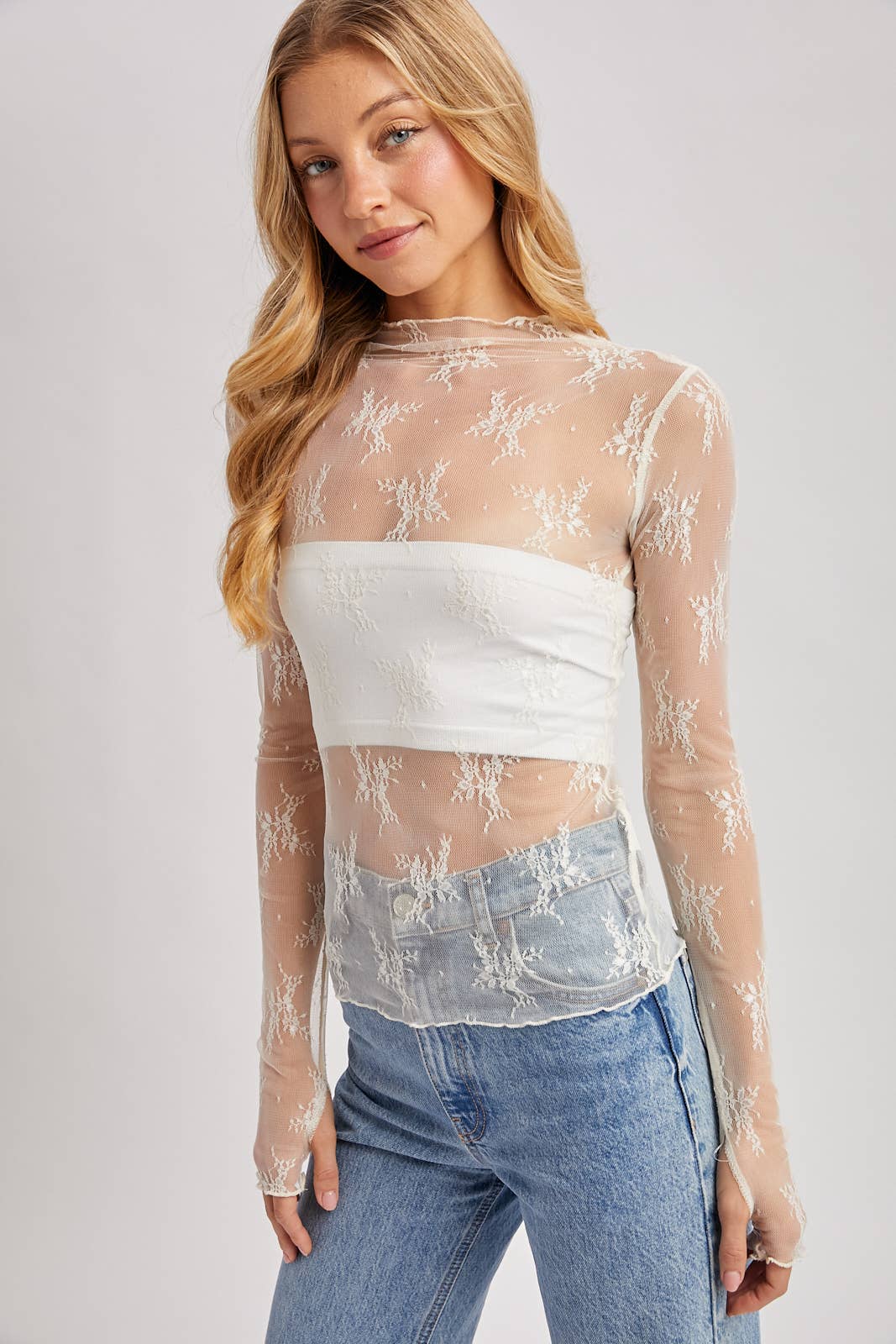 Bluivy - FLORAL EMBROIDERY LACE MESH LAYERING TOP: IVORY
