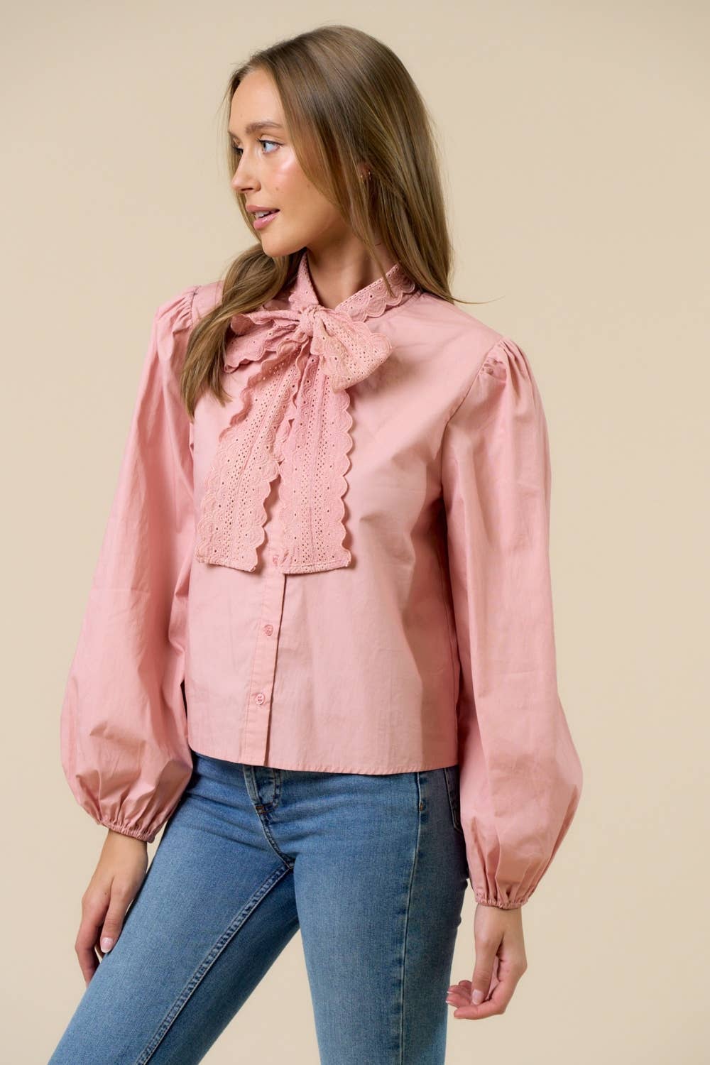 Lalavon - Ribbon Neck Blouse
