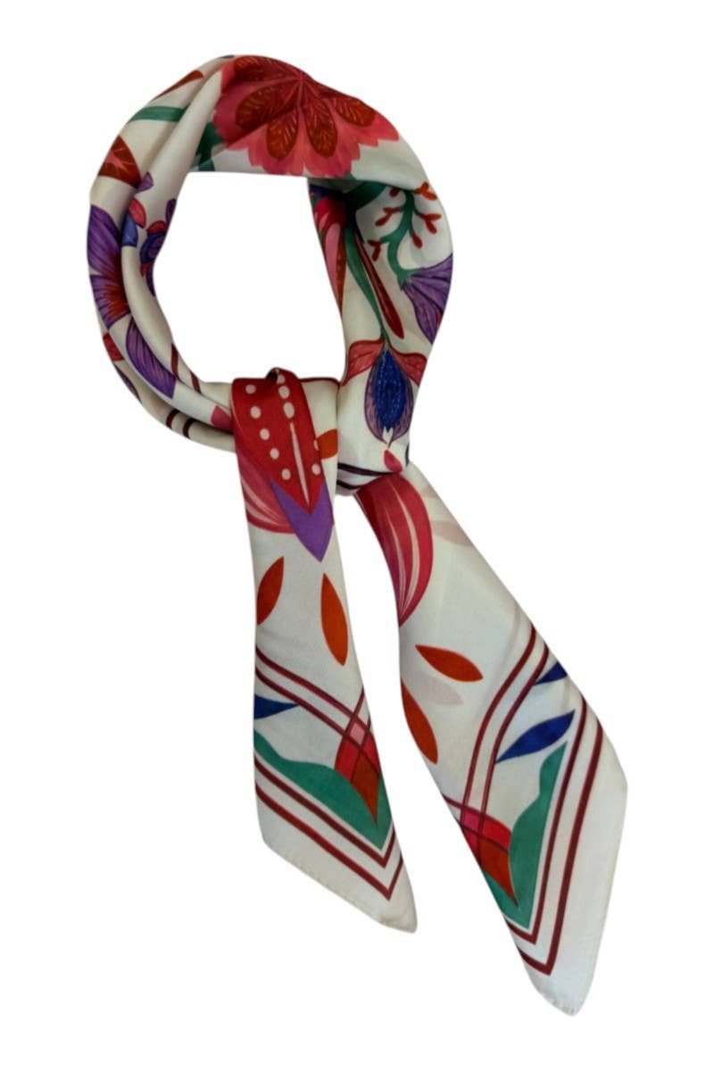 anbfashion - SYMMETRICAL BOTANICAL FLORAL SILKY SQUARE SCARF ICS1100: BLACK