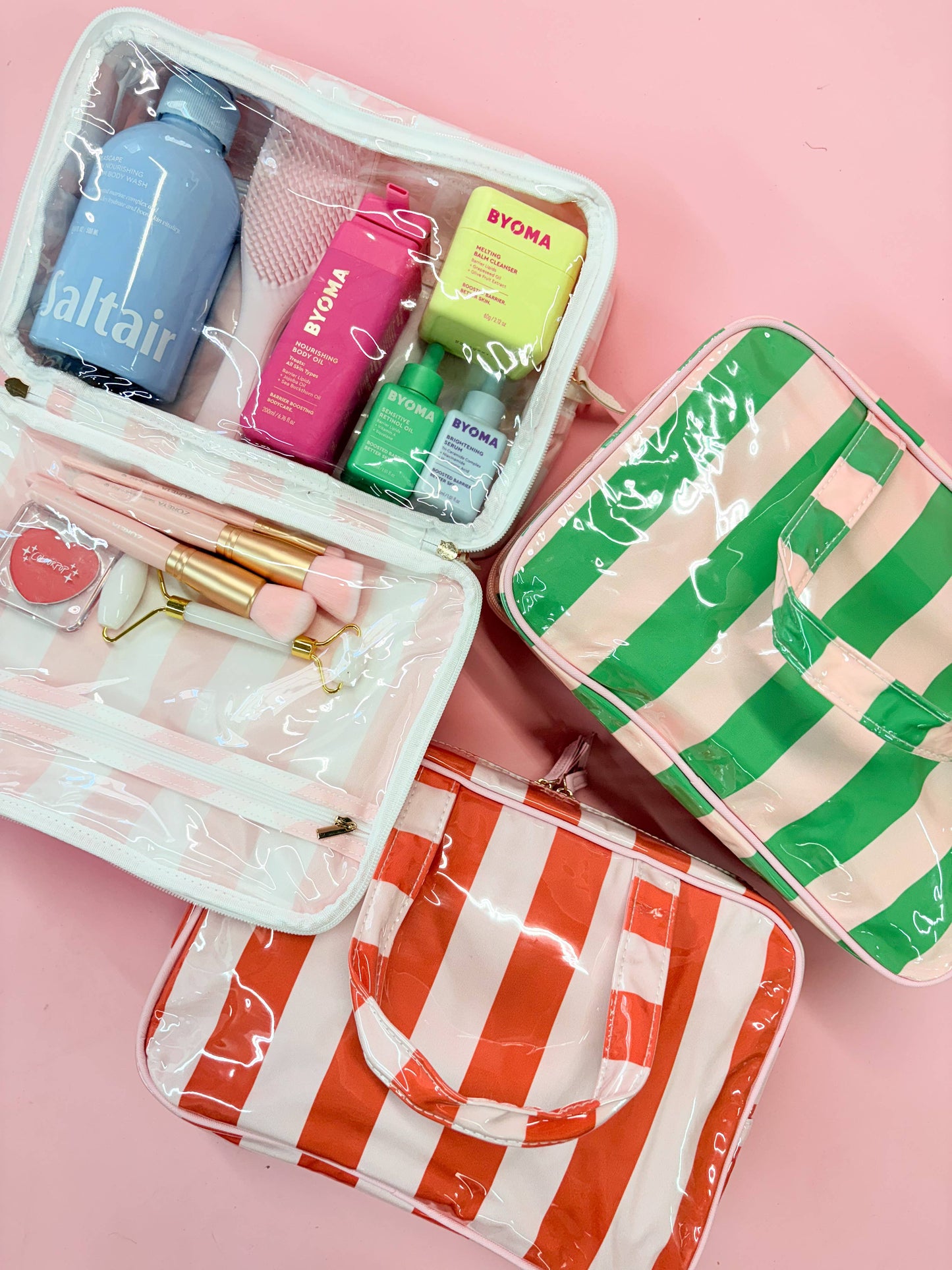 Pip & Co. - Gloss & Go - Colorful Stripe Wipeable Travel Cosmetic Case: Pink/Green