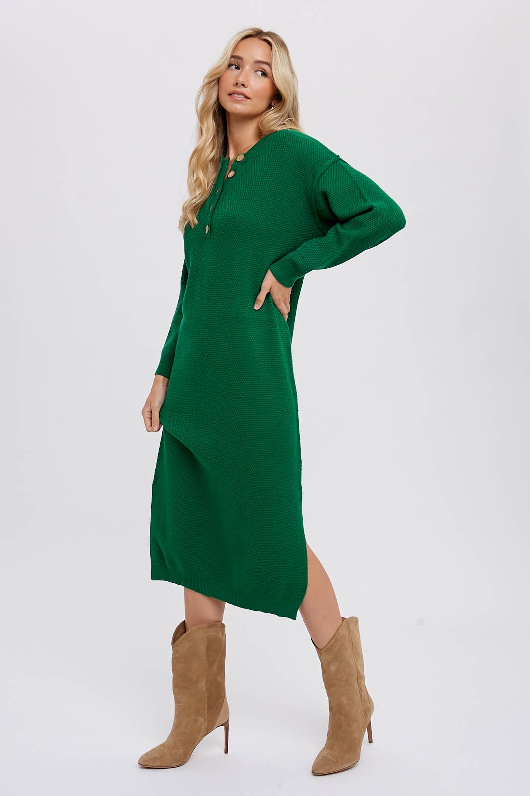 Bluivy - BUTTON FRONT MIDI SWEATER DRESS: FOREST / M