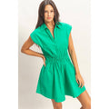 Double Zero - Sleeveless Collared Shirred Mini Dress: GREEN