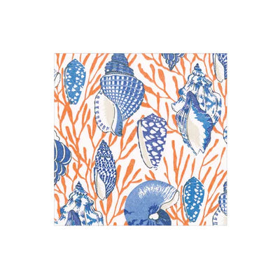 Caspari Shell-Toile Coral Blue Cocktail Napkin