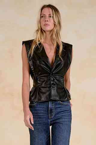 ELAN Faux Leather Vest Lapel Button In Black
