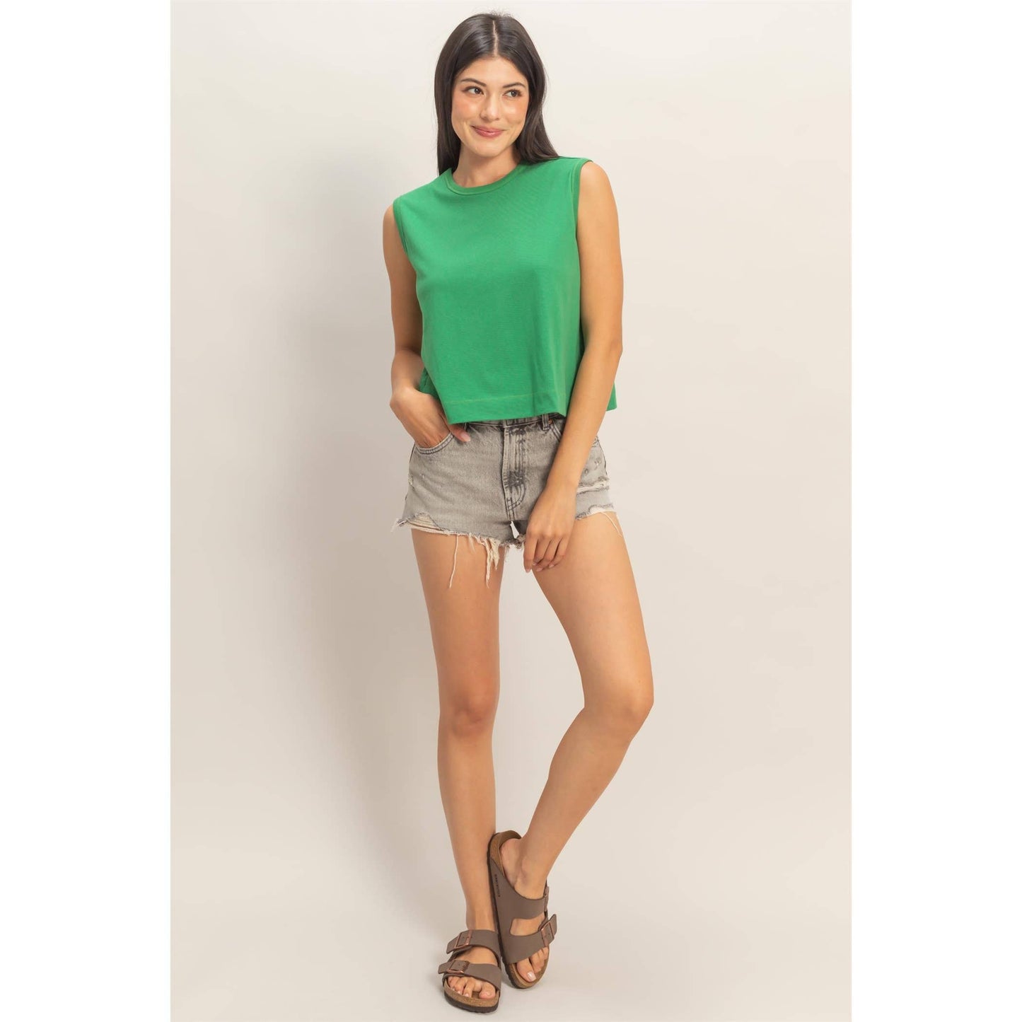 Double Zero - Sleeveless Crew Neck Top With Back Pleats: SOFT PINK