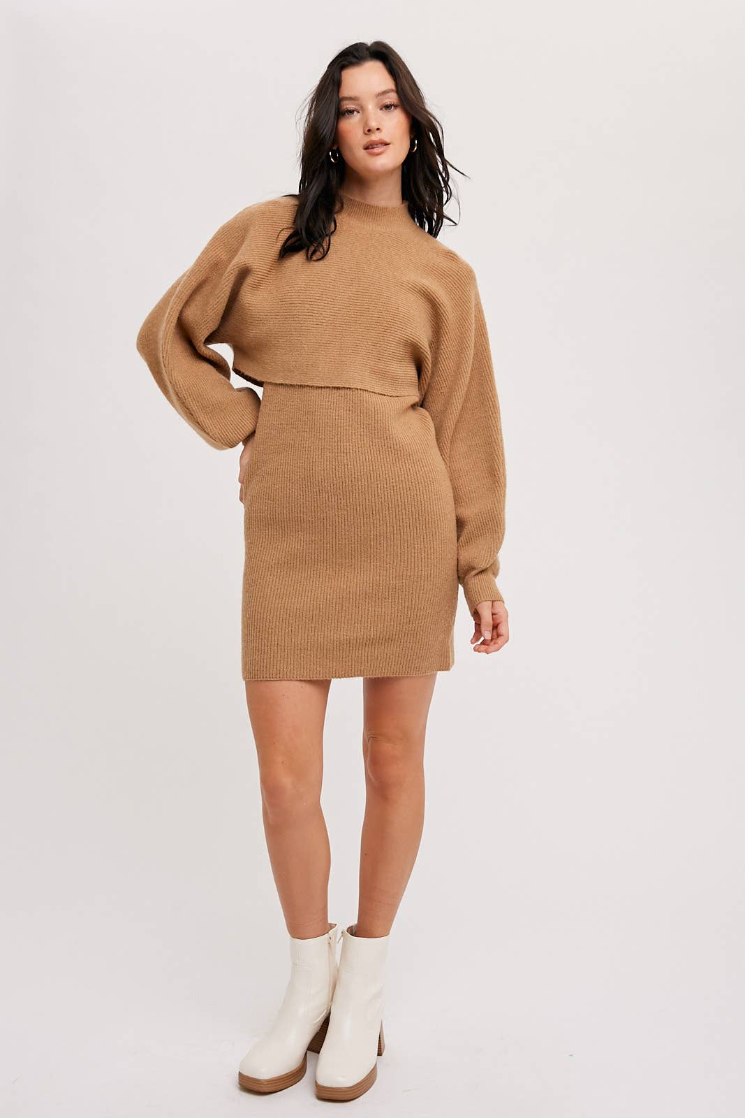 Bluivy - CROP TOP AND SLEEVELESS SWEATER DRESS SET: TOAST / S