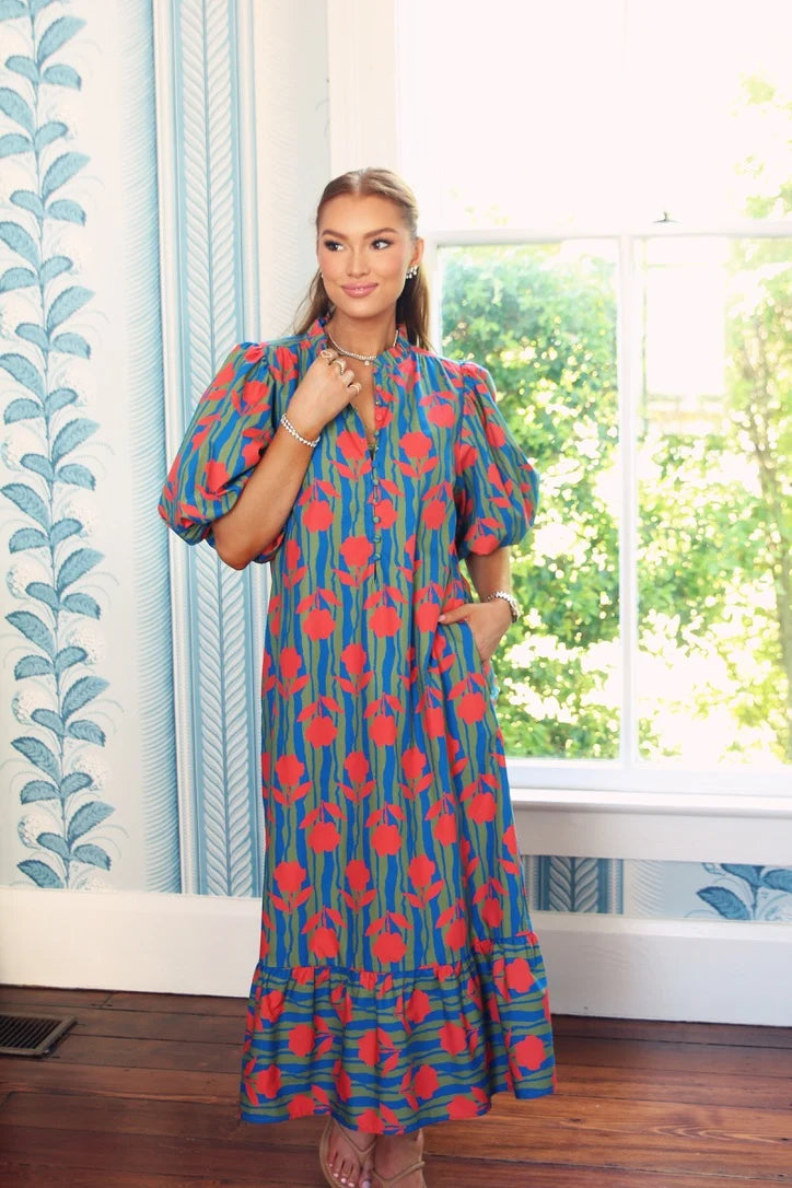 Karlie Stripe Mod Royal Floral Puff Sleeve Maxi Dress