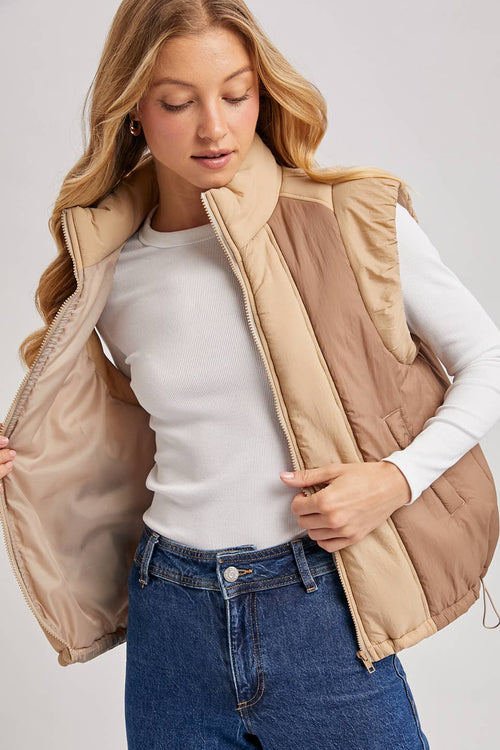 Bluivy - CONTRAST PUFFER ZIPPER DOWN VEST: LATTE COMBO / M