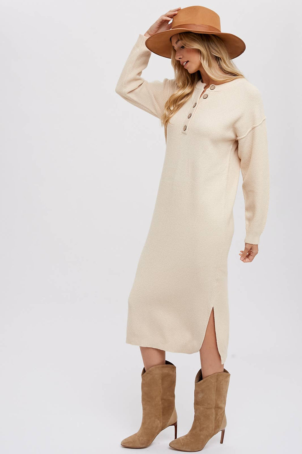 Bluivy - BUTTON FRONT MIDI SWEATER DRESS: FOREST / M
