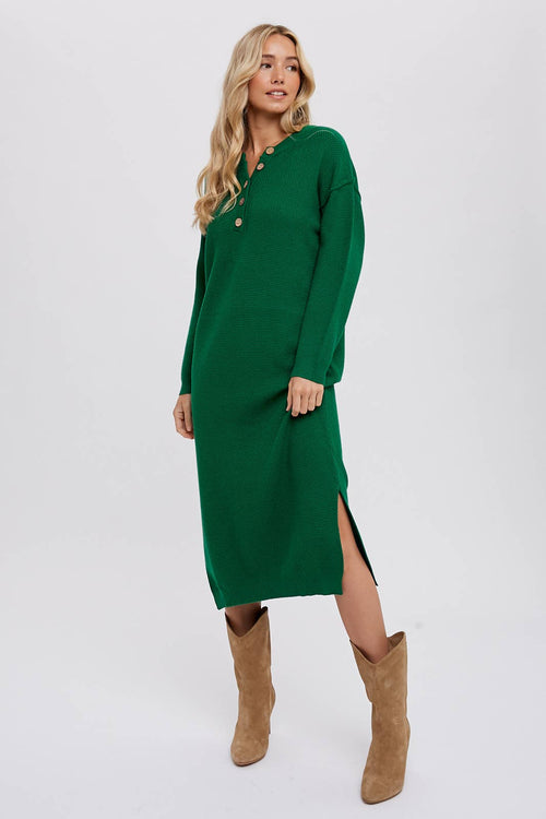 Bluivy - BUTTON FRONT MIDI SWEATER DRESS: FOREST / M