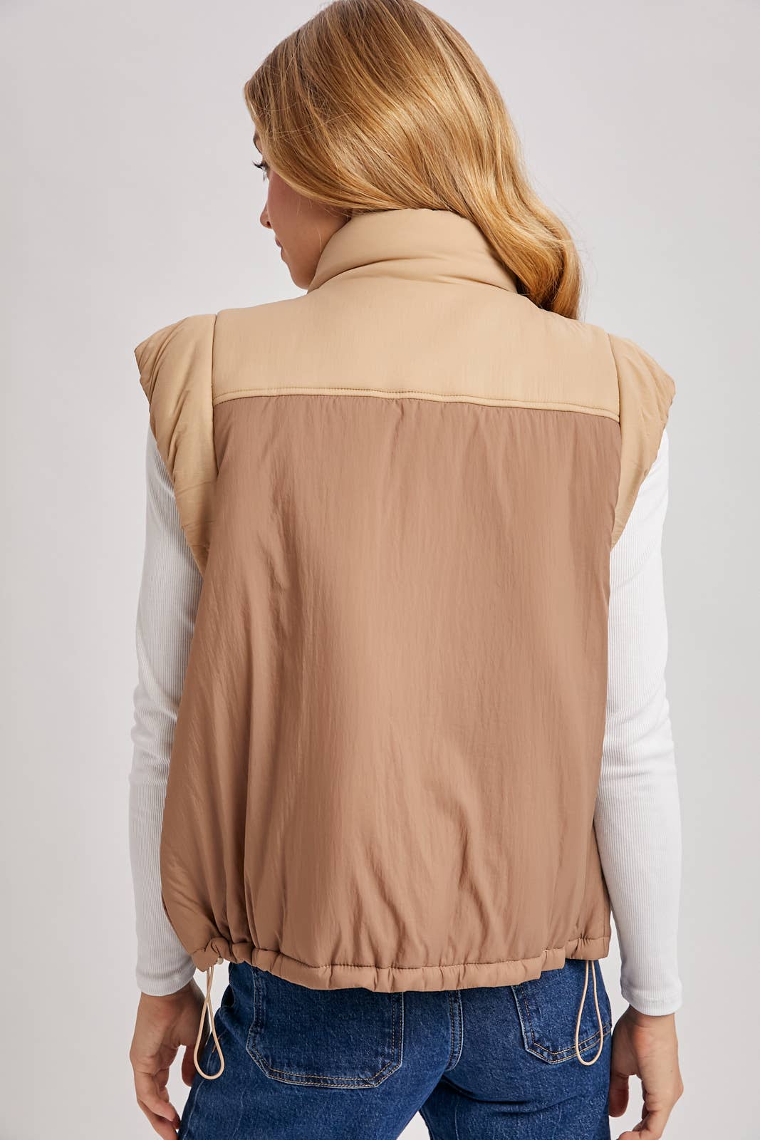 Bluivy - CONTRAST PUFFER ZIPPER DOWN VEST: LATTE COMBO / M