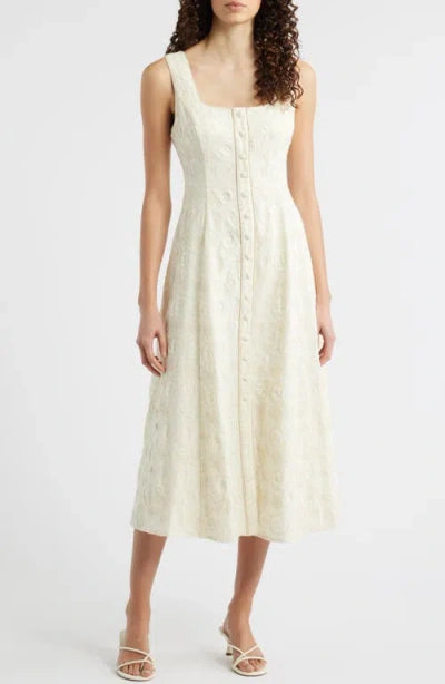 Zoe and Claire Cream Embroidered Tan Trim Dress