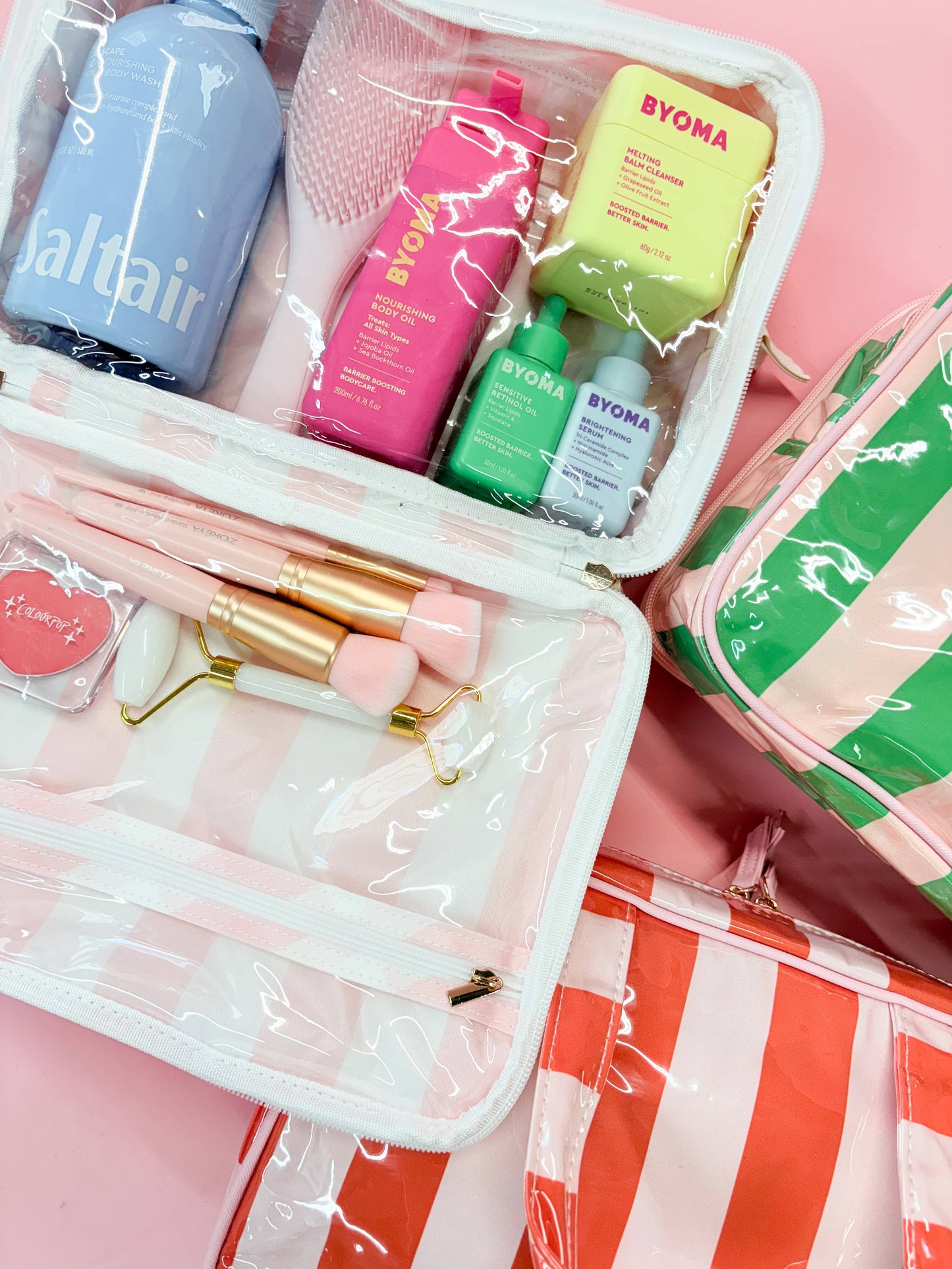 Pip & Co. - Gloss & Go - Colorful Stripe Wipeable Travel Cosmetic Case: Pink/Green