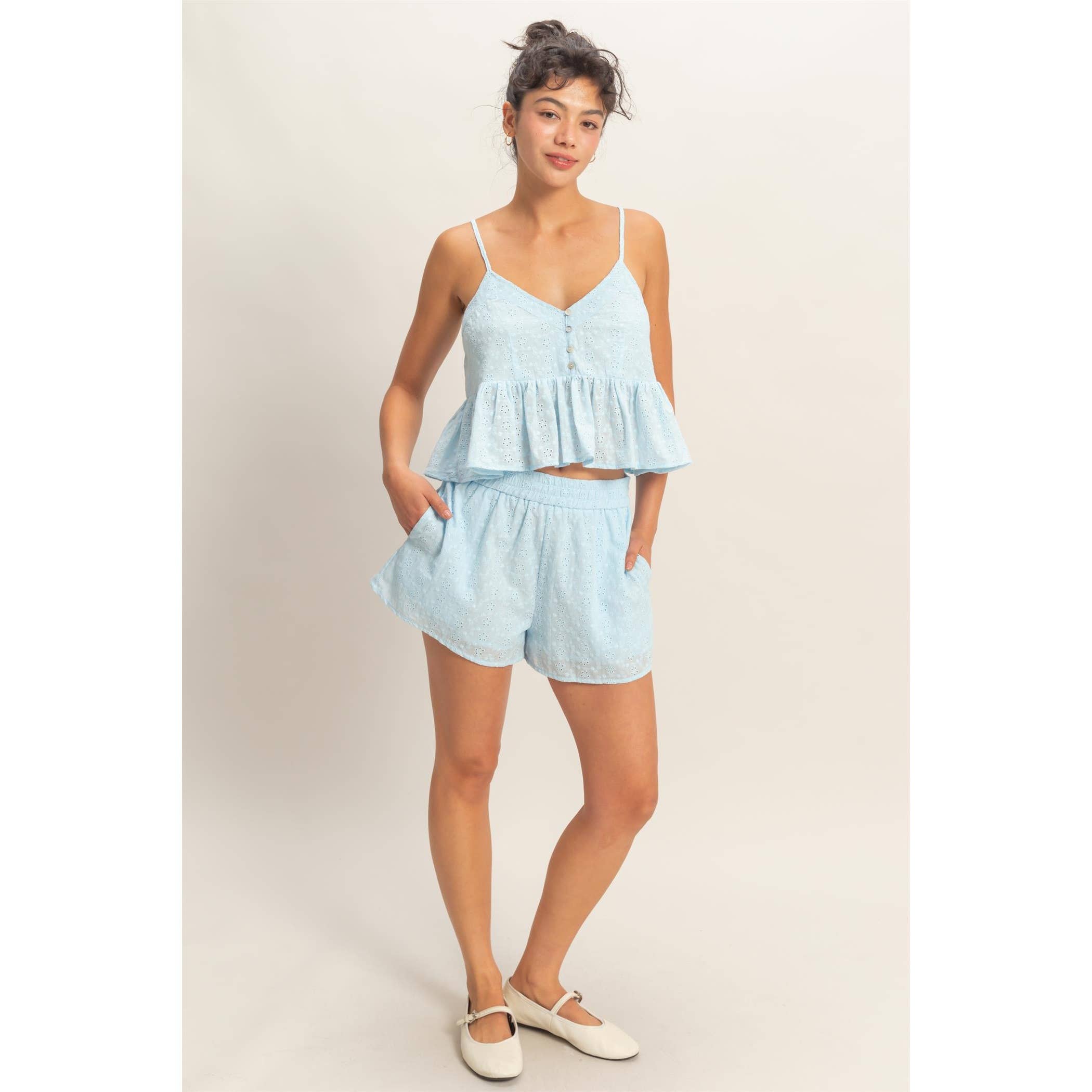 Double Zero - Eyelet Button Detail Peplum Top: RED