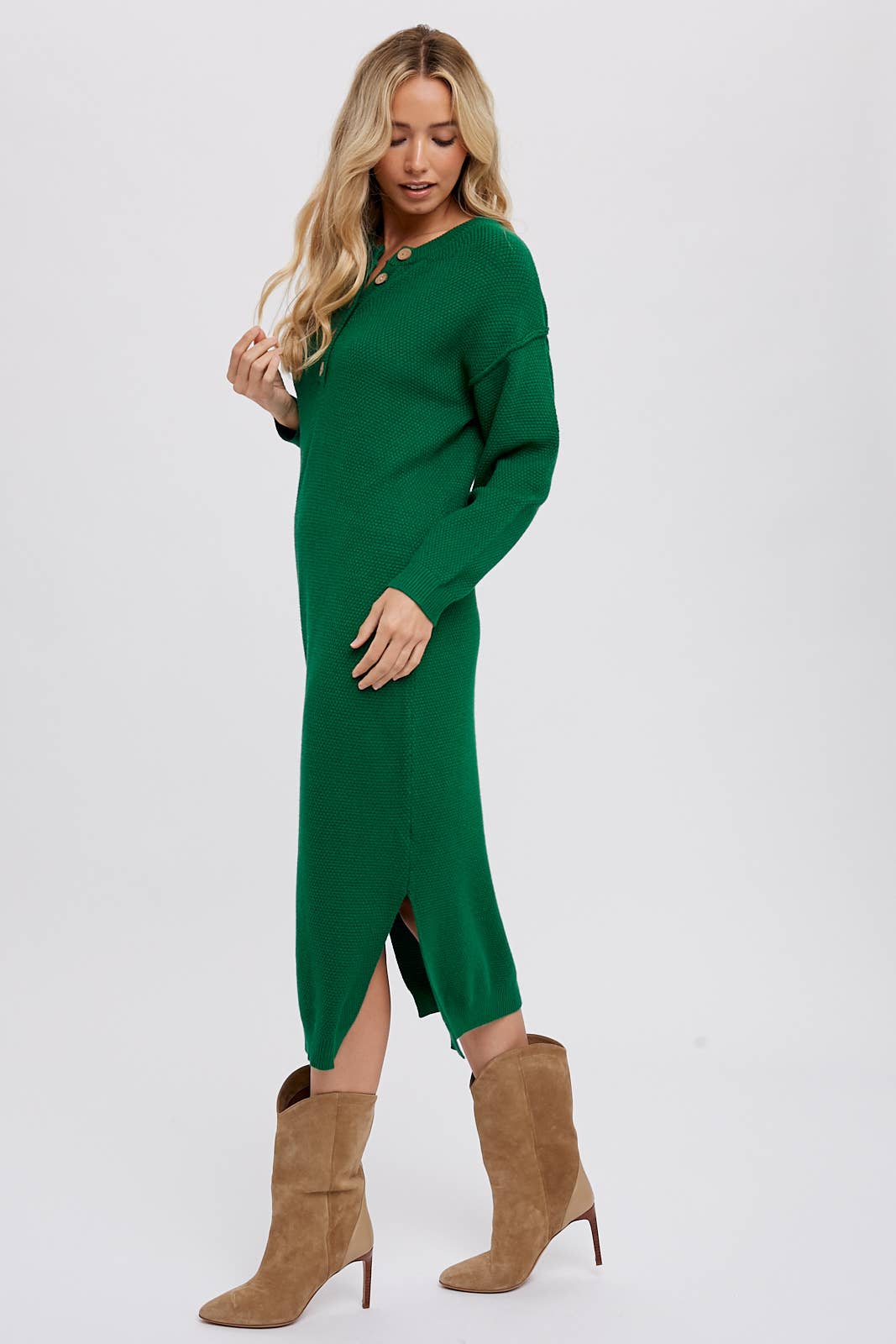 Bluivy - BUTTON FRONT MIDI SWEATER DRESS: FOREST / M
