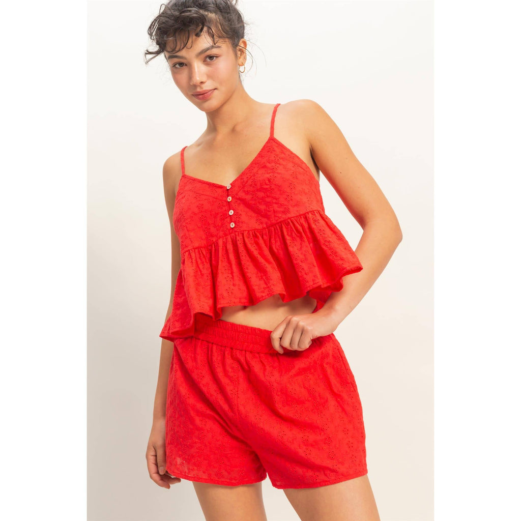 Double Zero - Eyelet Button Detail Peplum Top: RED