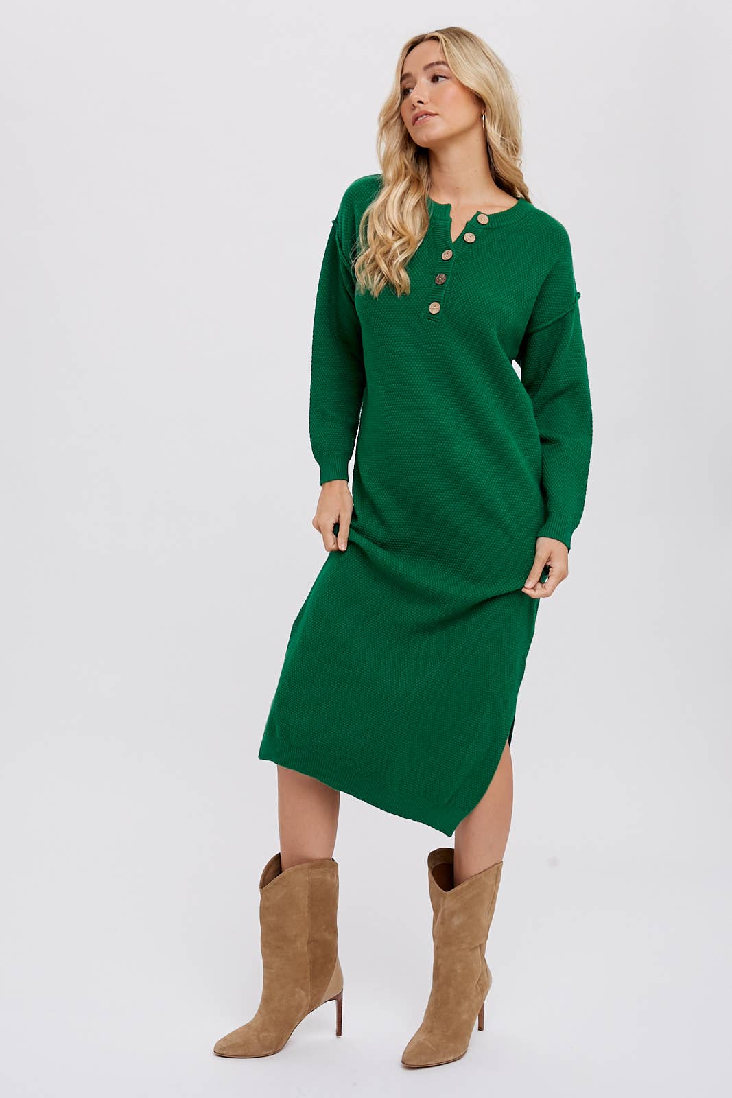 Bluivy - BUTTON FRONT MIDI SWEATER DRESS: FOREST / M