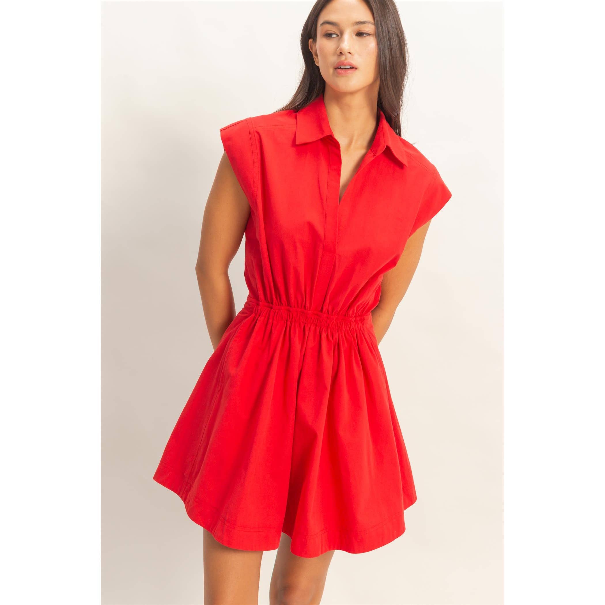 Sleeveless Collared Mini Dress: RED