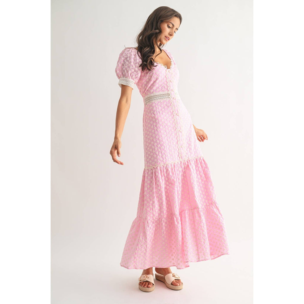Camellia - PINK LACE-TRIMMED MAXI DRESS: LIGHT PINK/IVORY