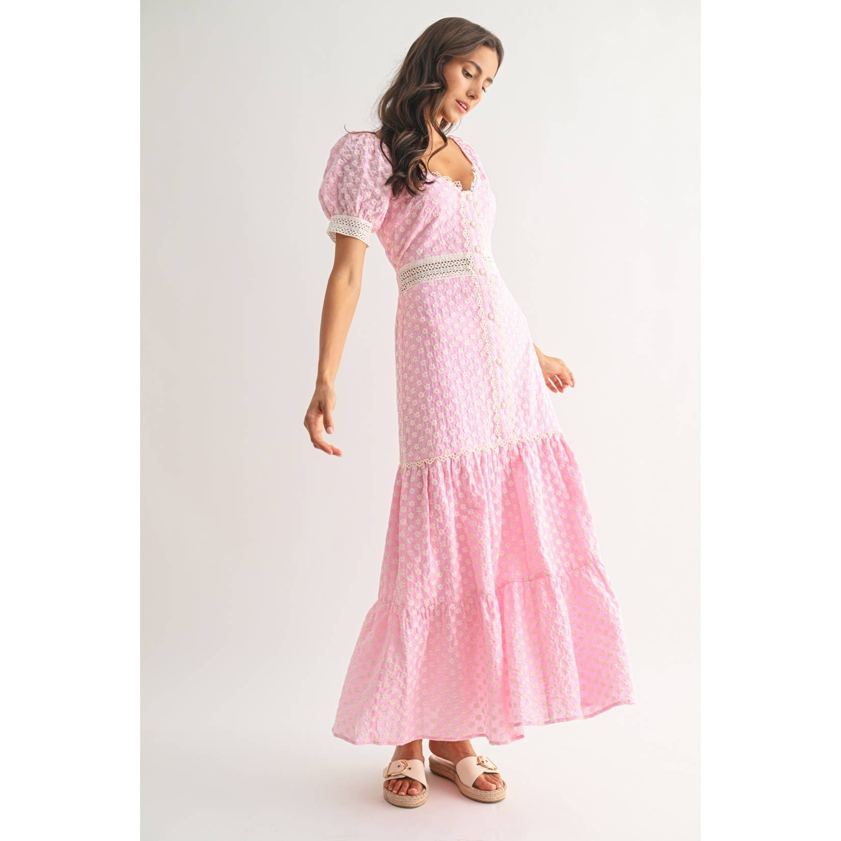 Camellia - PINK LACE-TRIMMED MAXI DRESS: LIGHT PINK/IVORY