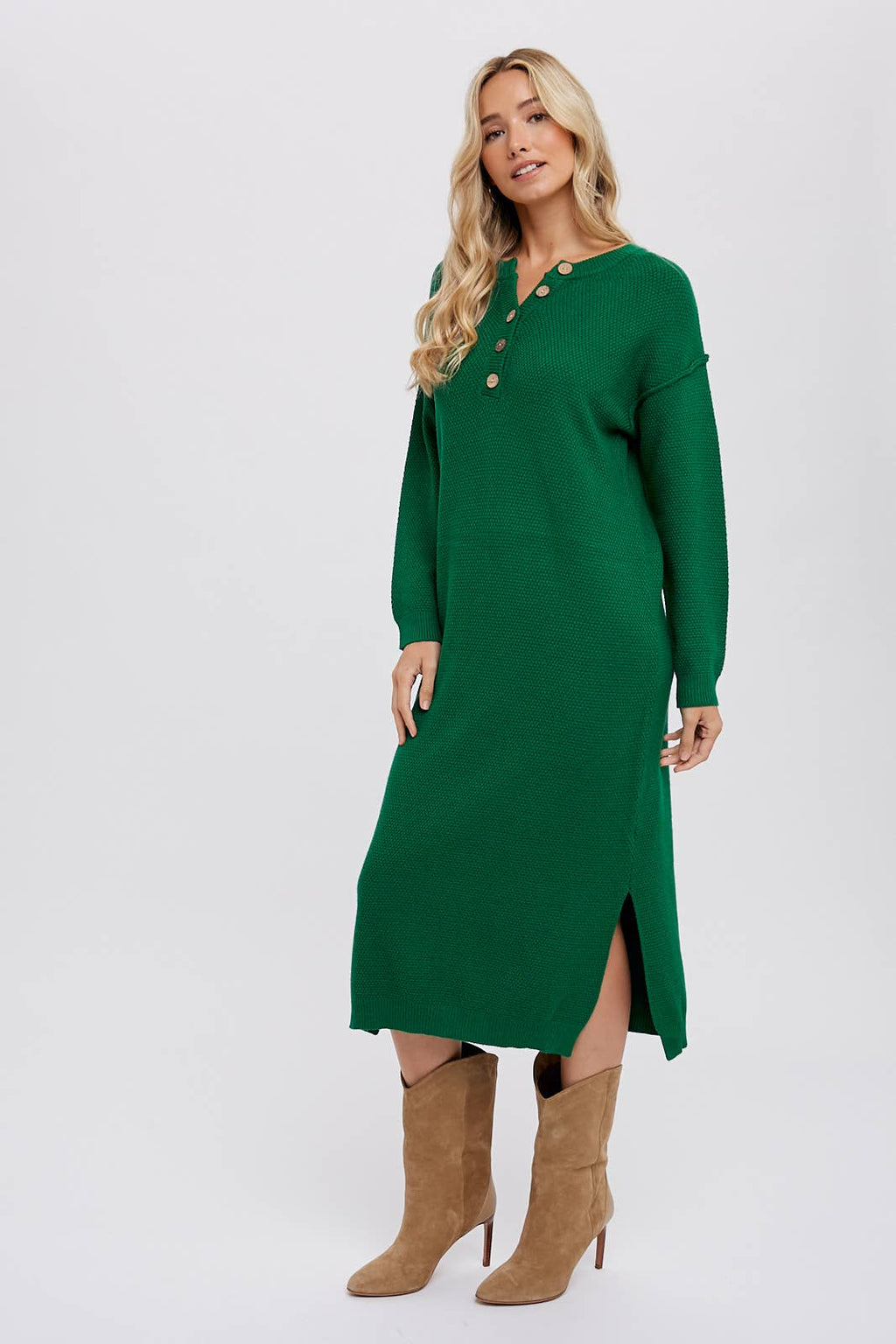Bluivy - BUTTON FRONT MIDI SWEATER DRESS: FOREST / M