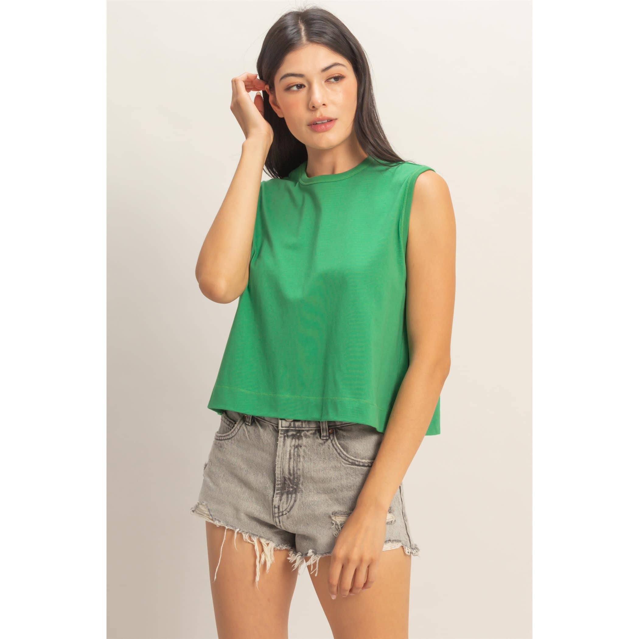 Double Zero - Sleeveless Crew Neck Top With Back Pleats: SOFT PINK