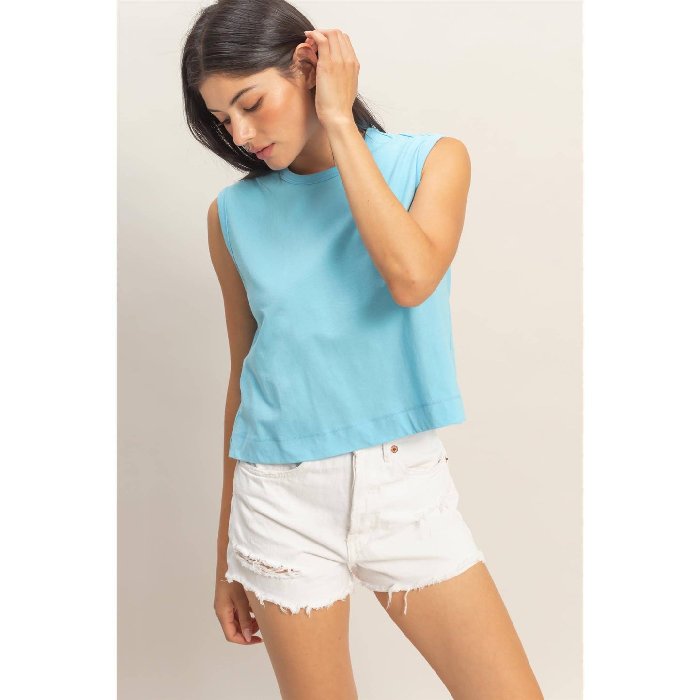 Double Zero - Sleeveless Crew Neck Top With Back Pleats: BLUE