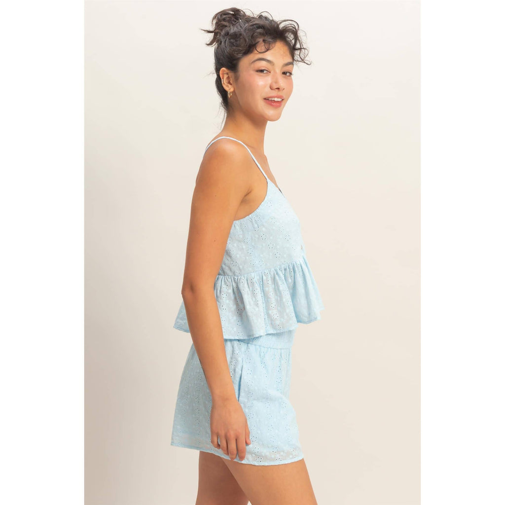 Double Zero - Eyelet Button Detail Peplum Top: RED