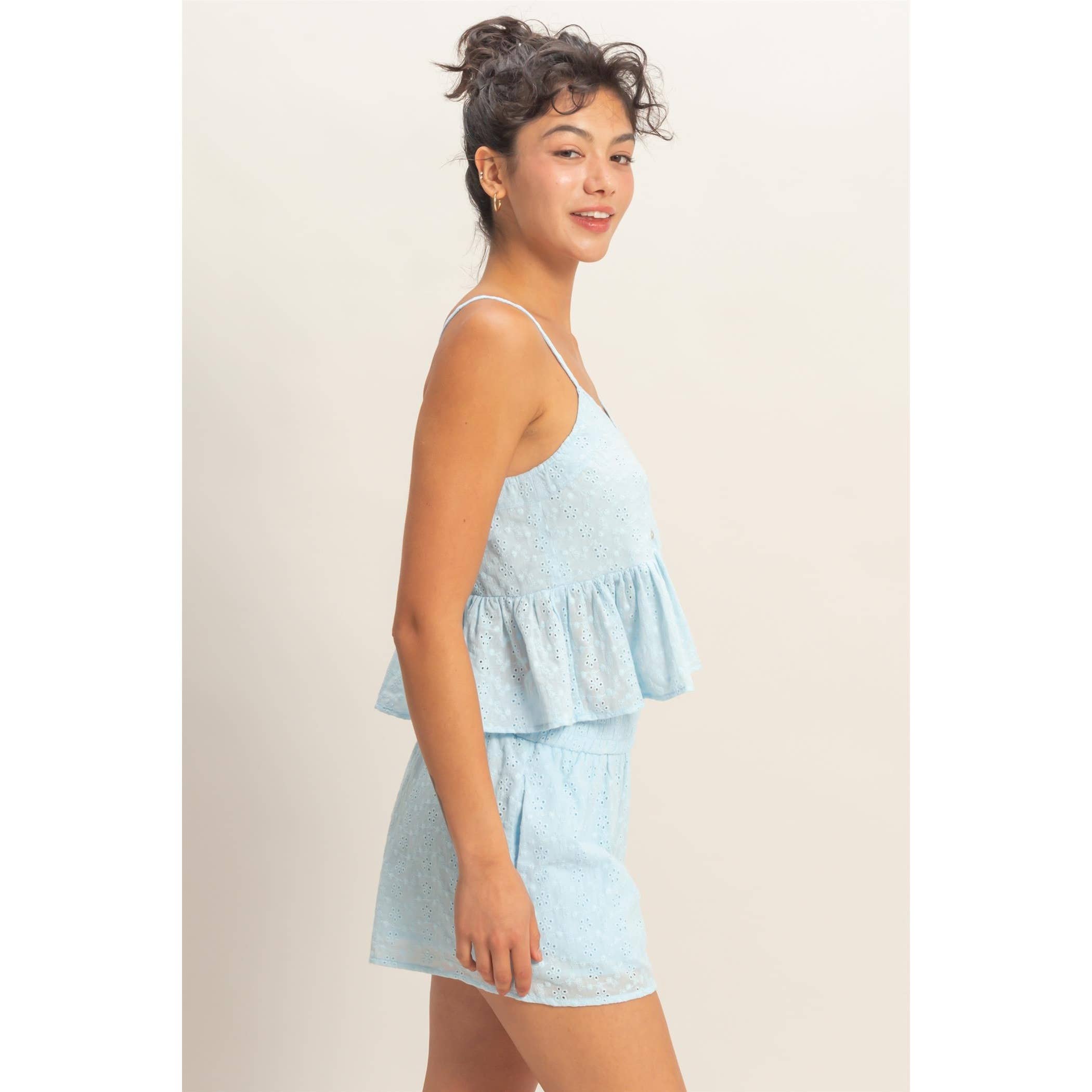 Double Zero - Eyelet Button Detail Peplum Top: RED