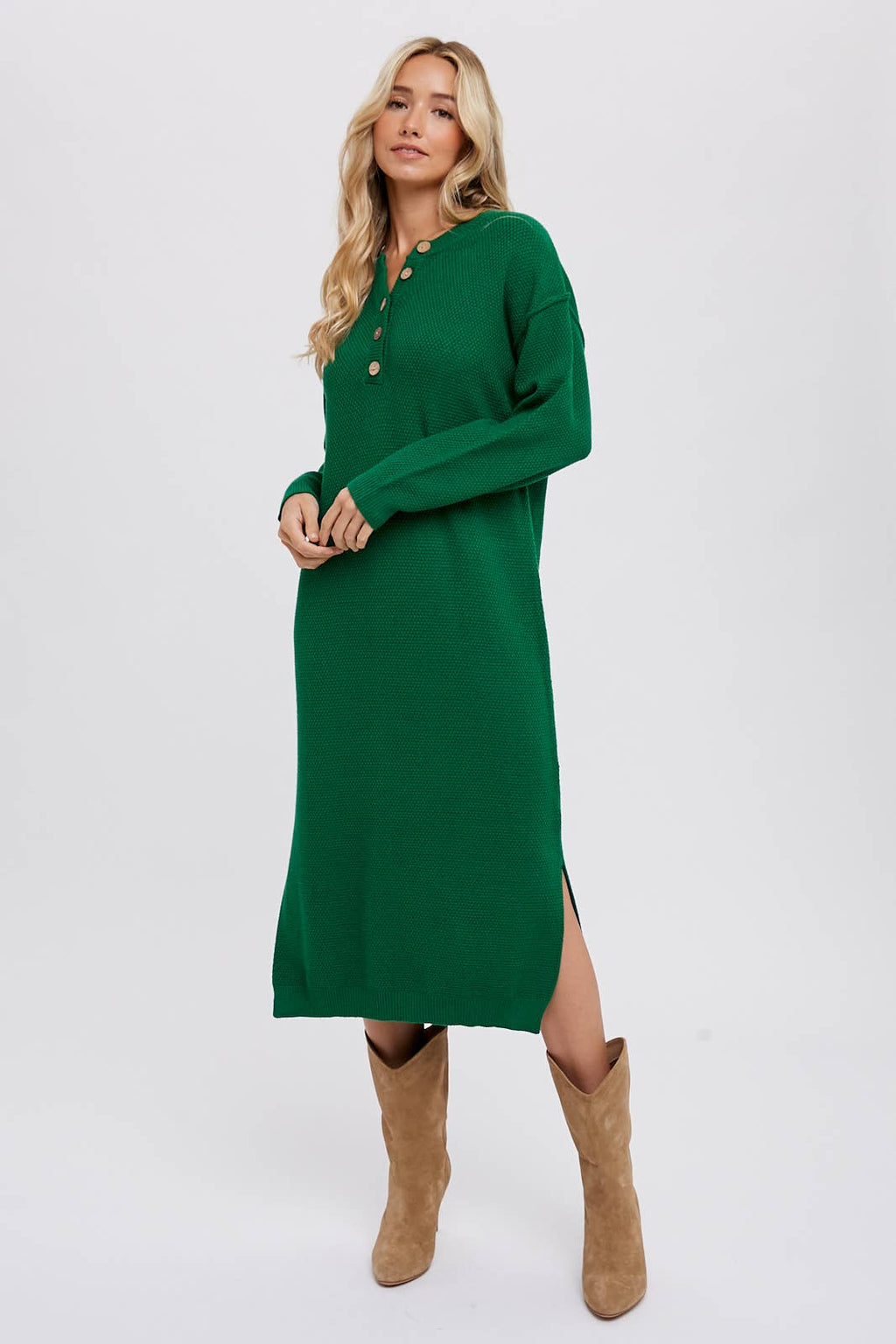Bluivy - BUTTON FRONT MIDI SWEATER DRESS: FOREST / M