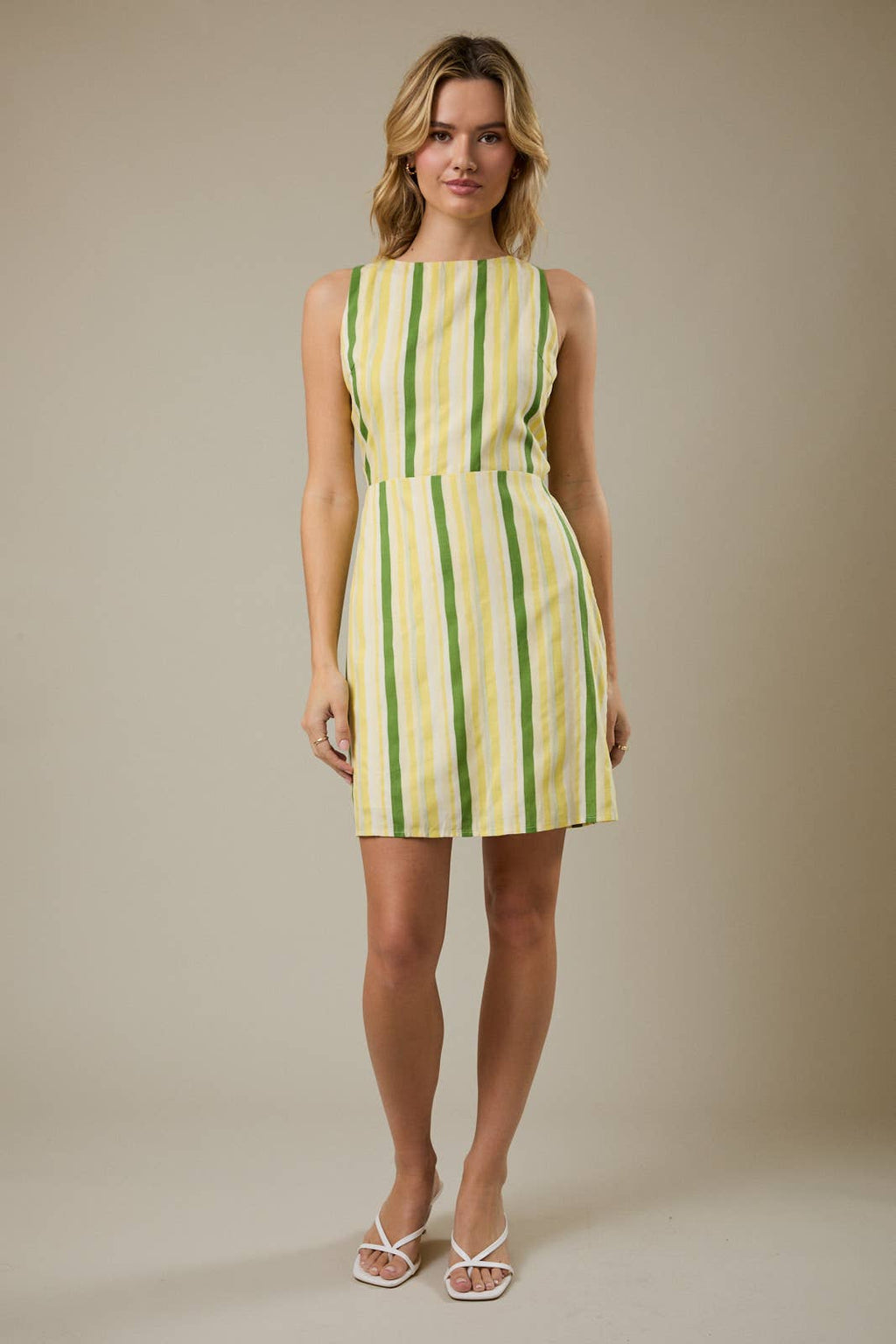 Sunday Edition - BOAT NECK SLEEVELESS BACK TIE STRIPE MINI DRESS: CREAM-LEMON