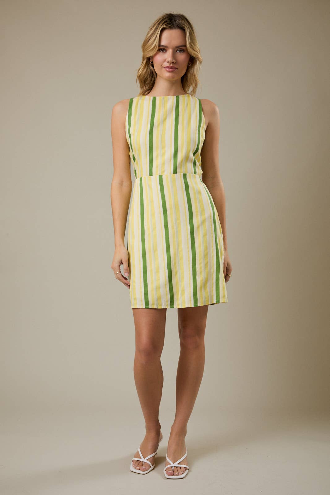 Sunday Edition - BOAT NECK SLEEVELESS BACK TIE STRIPE MINI DRESS: CREAM-LEMON