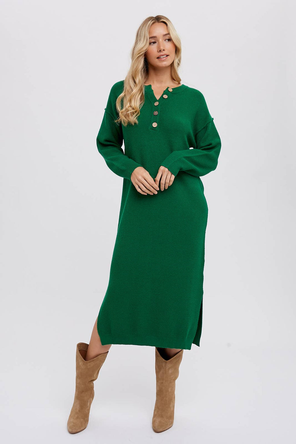 Bluivy - BUTTON FRONT MIDI SWEATER DRESS: FOREST / M
